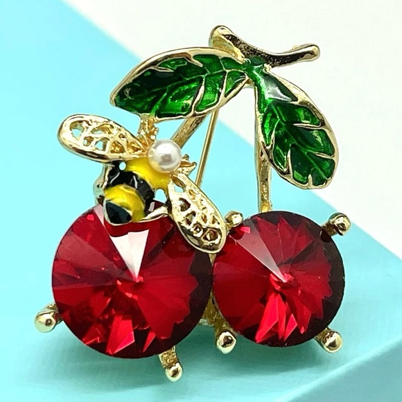 Cherry Brooch Cherry Pin Bee on Cherry Brooch - Picture 5 of 6